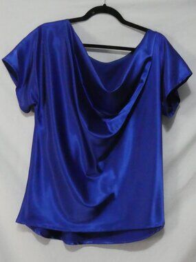 Handmade Cobalt Blue Satin Cowl Neck Draped Blouse P2P 23" measured